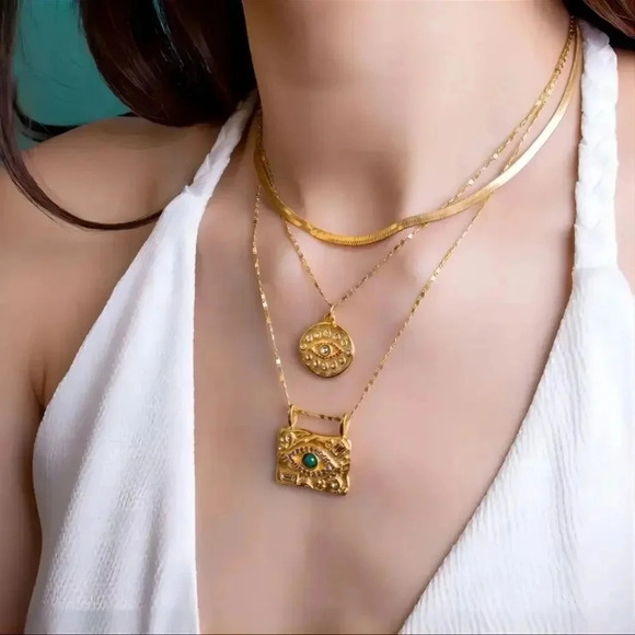 Malachite 18KGold Plated Stainless Steel Waterproof Protect Eyes Necklace - Picture 3 of 10